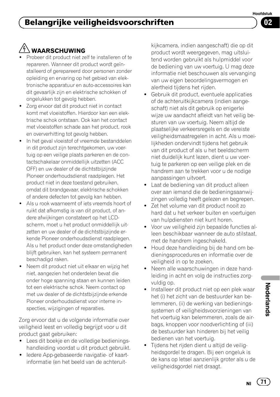 Belangrijke veiligheidsvoorschriften, 02 belangrijke veiligheidsvoorschriften | Pioneer SPH-DA02 User Manual | Page 71 / 96