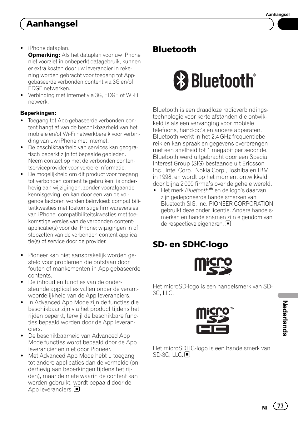 Bluetooth, Sd- en sdhc-logo, Aanhangsel | Pioneer SPH-DA02 User Manual | Page 77 / 96