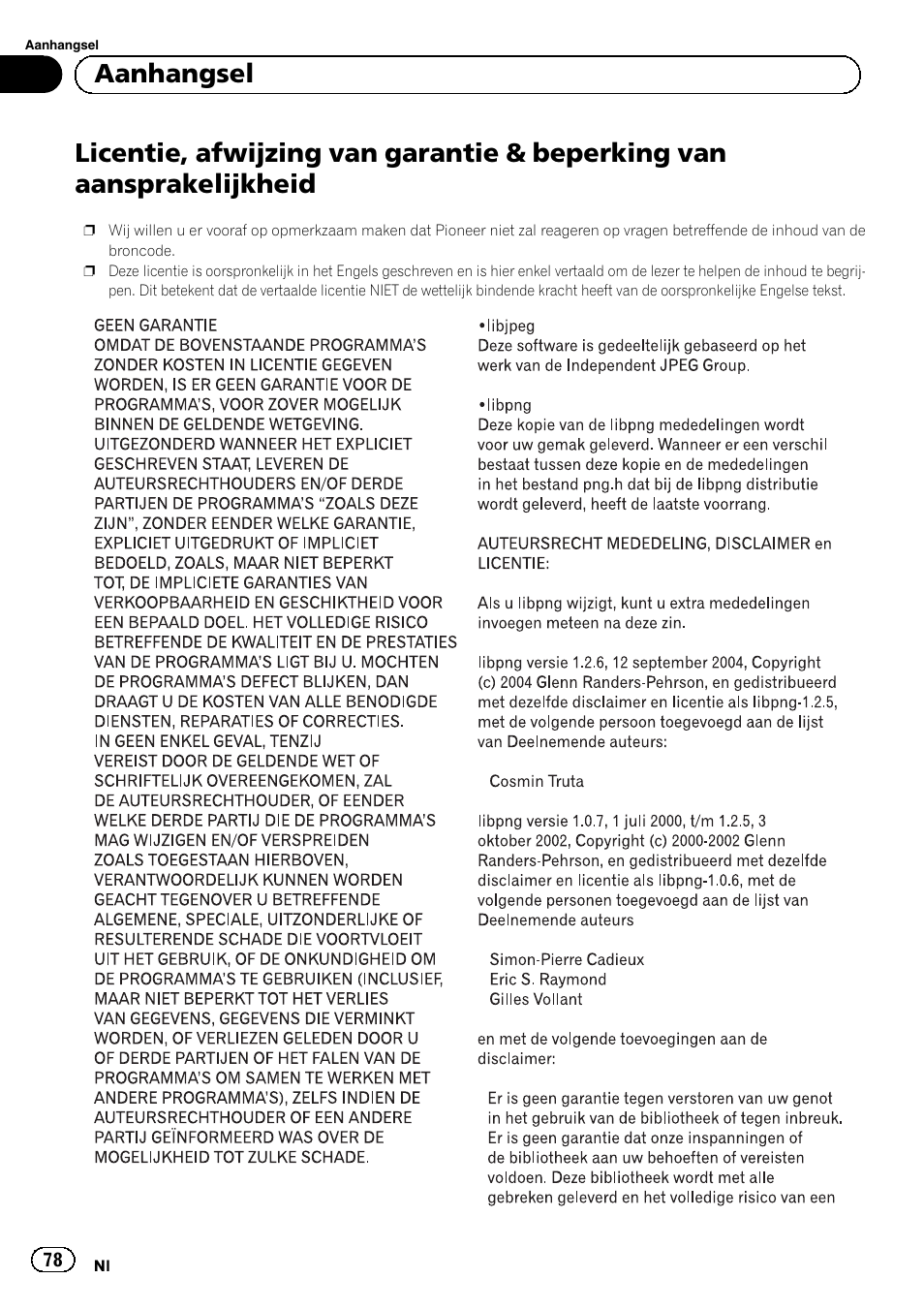 Licentie, afwijzing van garantie & beperking, Van aansprakelijkheid, Aanhangsel | Pioneer SPH-DA02 User Manual | Page 78 / 96
