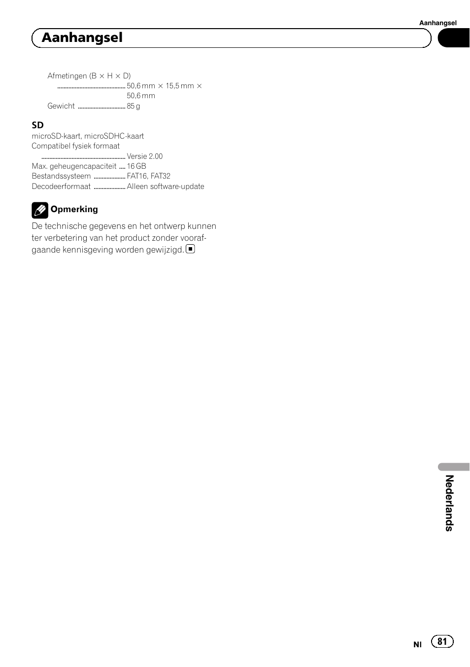 Aanhangsel, Nederlands | Pioneer SPH-DA02 User Manual | Page 81 / 96