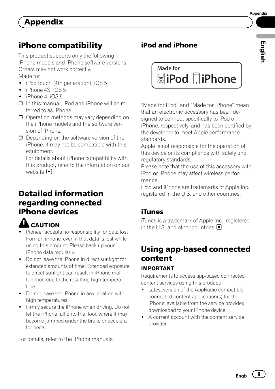 Appendix iphone compatibility, Detailed information regarding connected, Iphone devices | Ipod and iphone 9, Itunes 9, Using app-based connected content, Iphone compatibility, Appendix | Pioneer SPH-DA02 User Manual | Page 9 / 96