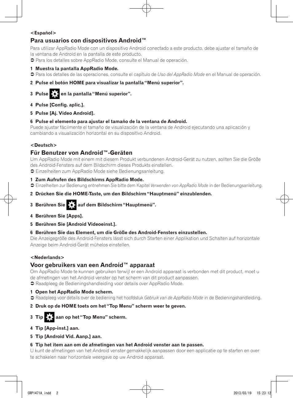 Para usuarios con dispositivos android, Für benutzer von android™-geräten, Voor gebruikers van een android™ apparaat | Pioneer AVIC-F950BT User Manual | Page 2 / 2