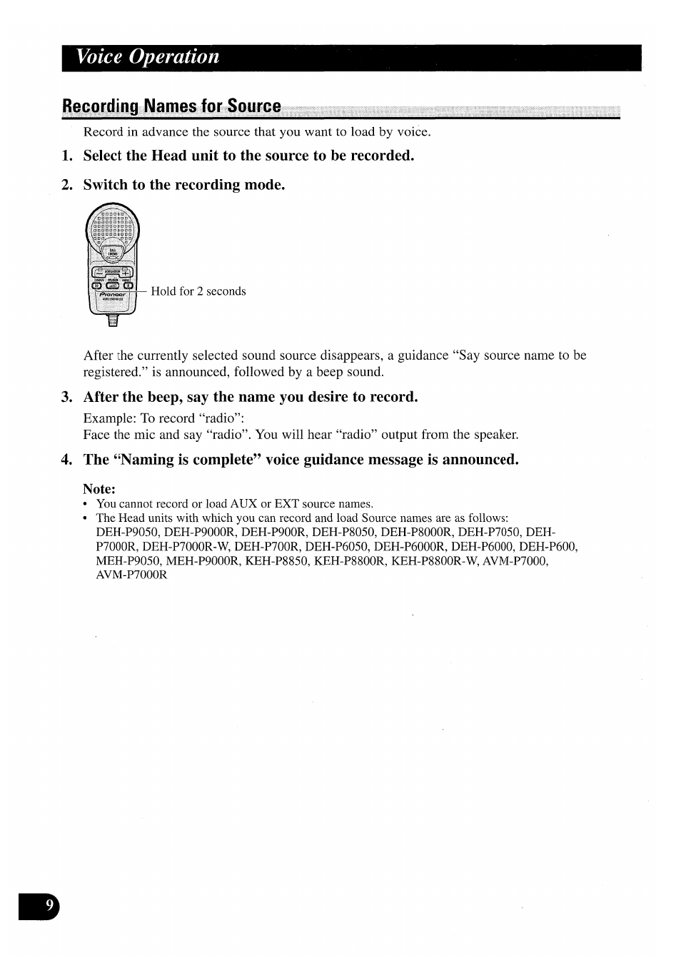 Recording names for source, Select the head unit to the source to be recorded, Switch to the recording mode | After the beep, say the name you desire to record, Voice operation | Pioneer CDX-P2050VN User Manual | Page 10 / 100