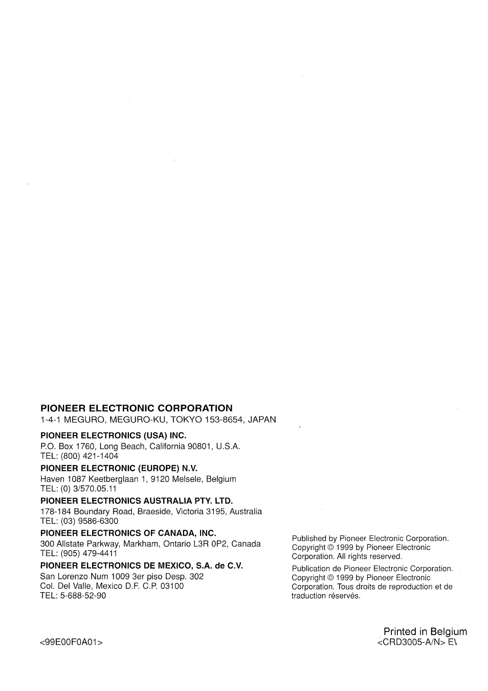 Printed in belgium | Pioneer CDX-P2050VN User Manual | Page 100 / 100