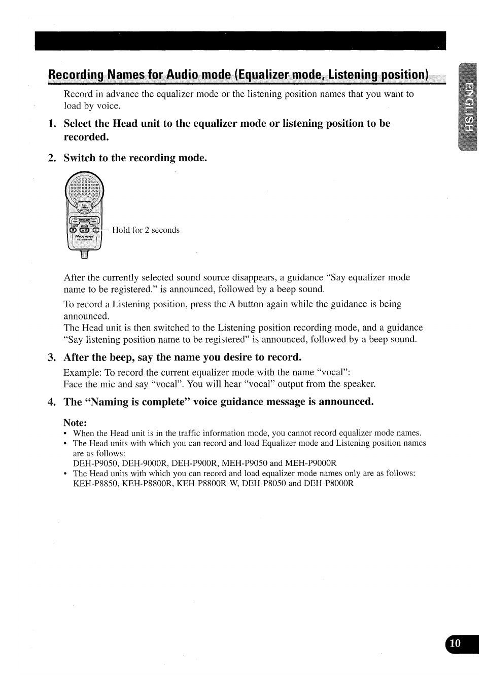 Switch to the recording mode, After the beep, say the name you desire to record | Pioneer CDX-P2050VN User Manual | Page 11 / 100