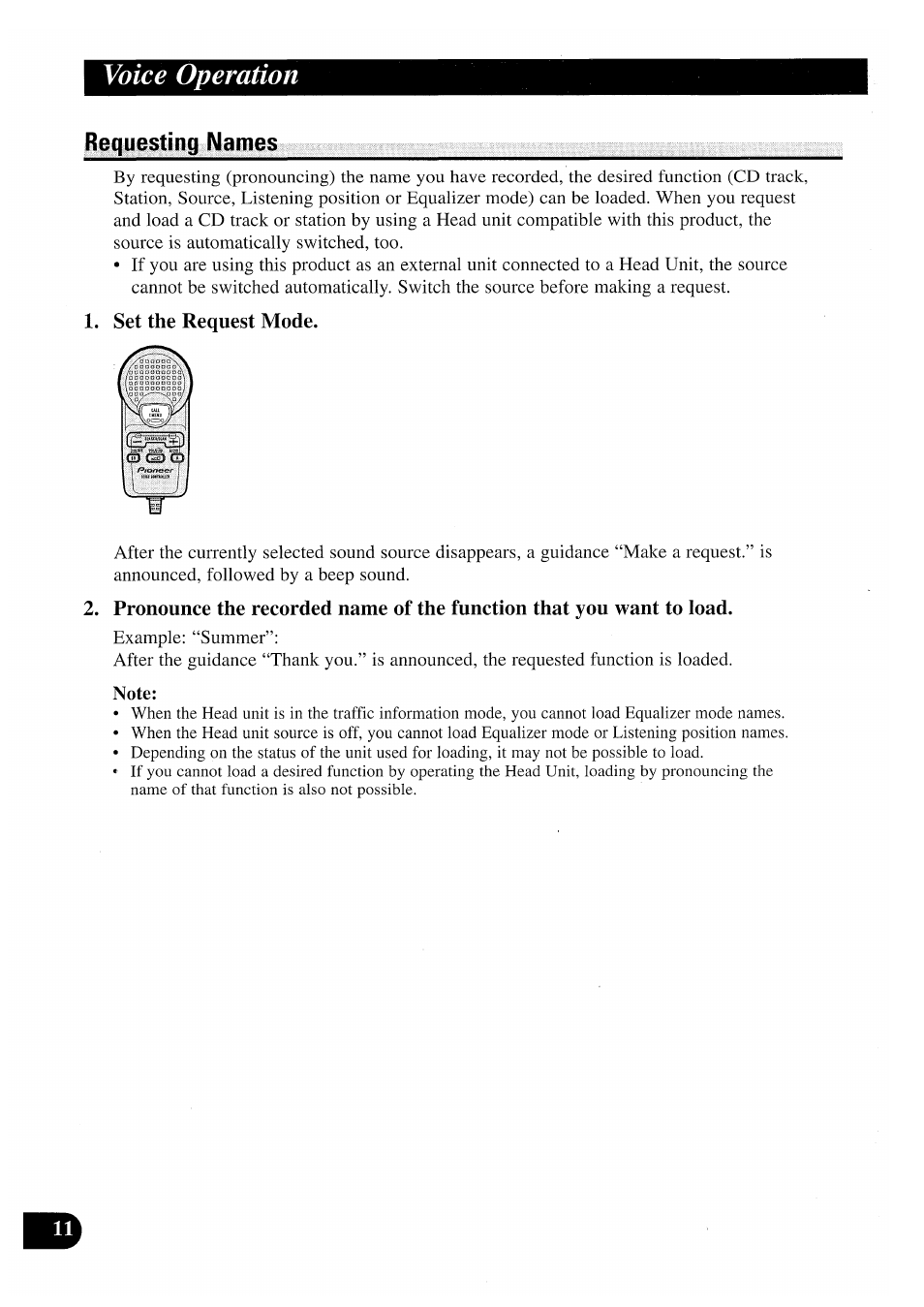 Requesting names, Set the request mode, Voice operation | Pioneer CDX-P2050VN User Manual | Page 12 / 100