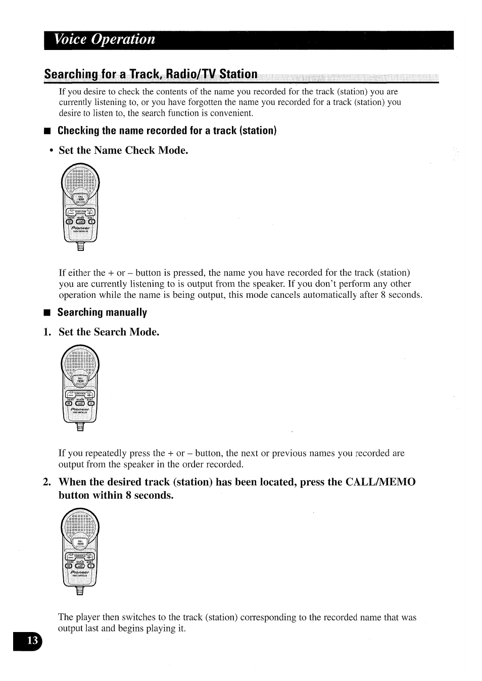 Searching for a track, radio/tv station, Checking the name recorded for a track (station), Set the name check mode | Searching manually, Set the search mode, Voice operation | Pioneer CDX-P2050VN User Manual | Page 14 / 100