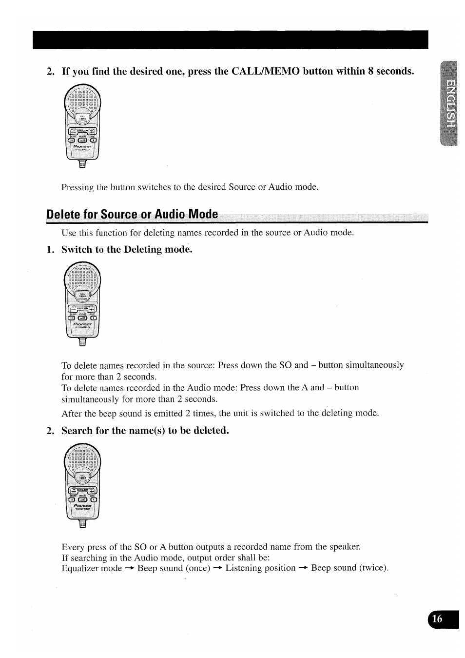 Delete for source or audio mode, Switch to the deleting mode, Search for the name(s) to be deleted | Pioneer CDX-P2050VN User Manual | Page 17 / 100