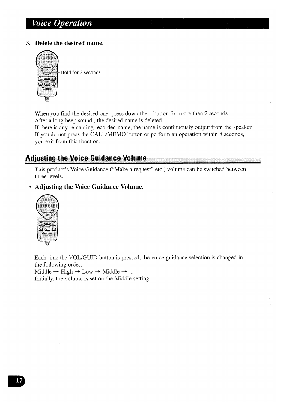 Delete the desired name, Adjusting the voice guidance volume, Seleeting the voice guidance mode | Voice operation | Pioneer CDX-P2050VN User Manual | Page 18 / 100