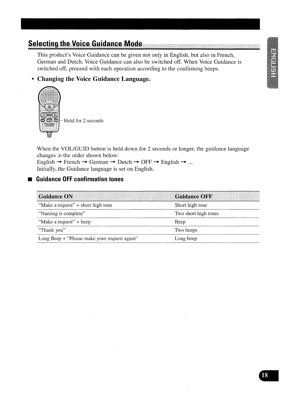 Selecting the voice guidance mode, Changing the voice guidance language, Guidance off confirmation tones | Pioneer CDX-P2050VN User Manual | Page 19 / 100