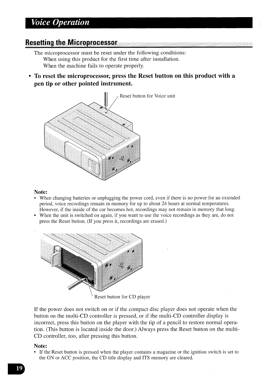 Resetting the microprocessor, Voice operation | Pioneer CDX-P2050VN User Manual | Page 20 / 100