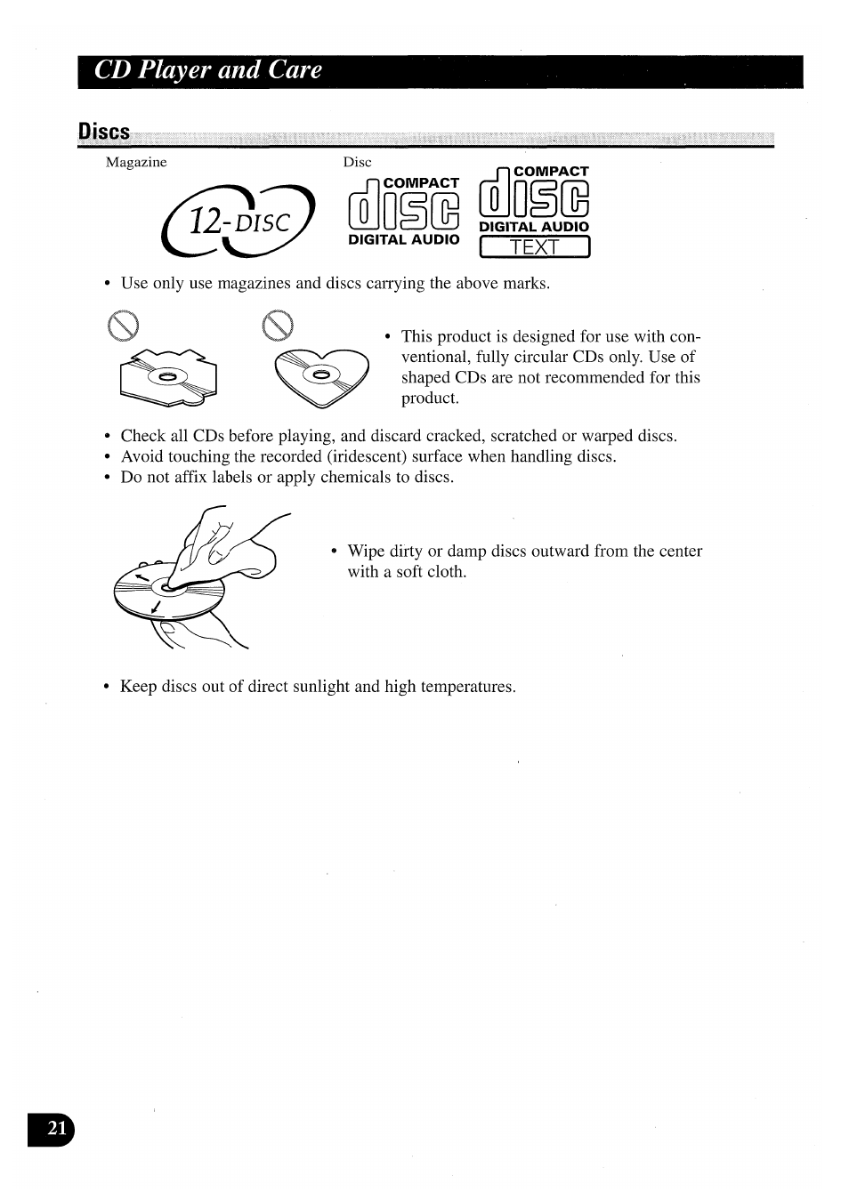 Cd player and care, Discs, Loll | Pioneer CDX-P2050VN User Manual | Page 22 / 100