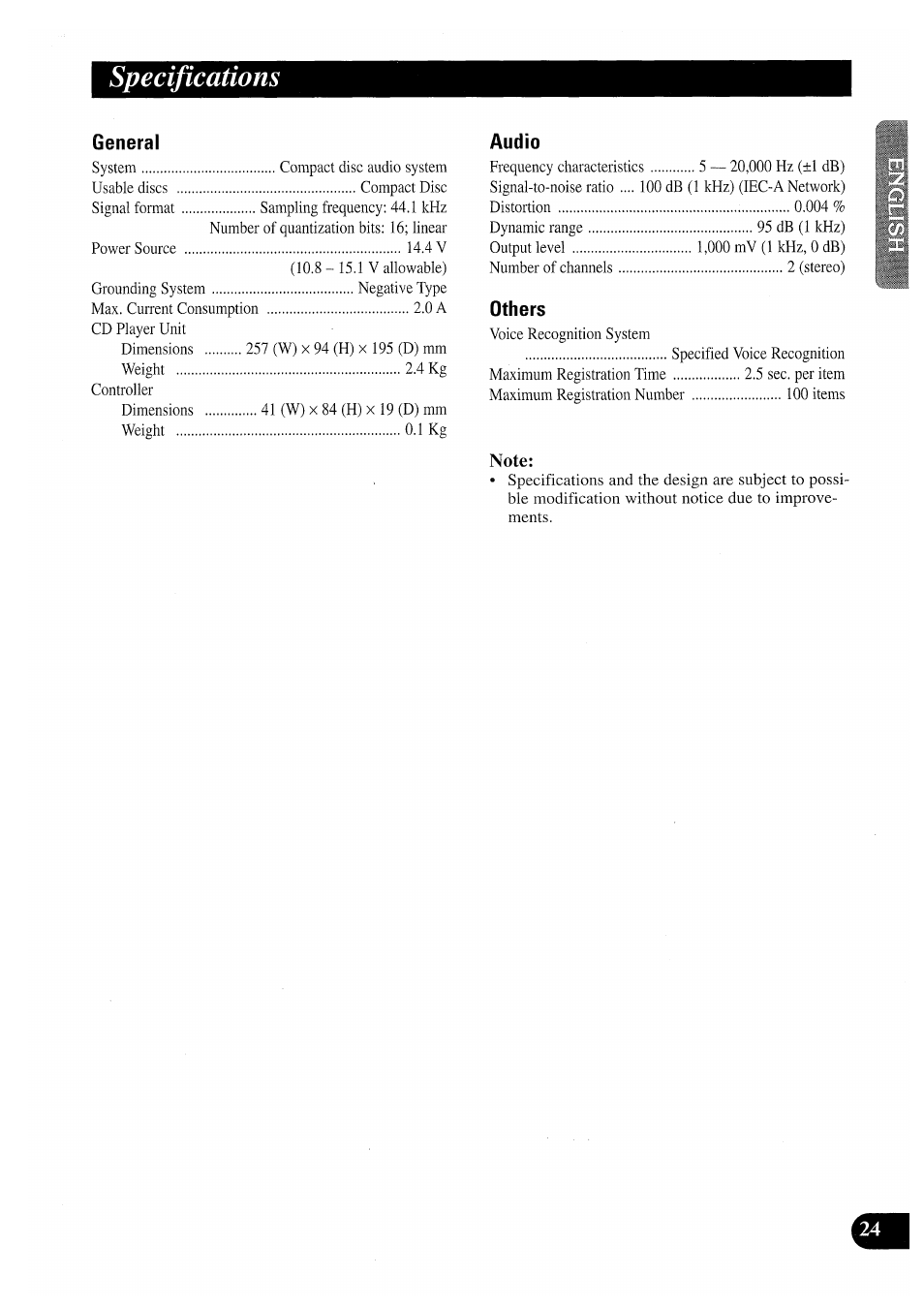 Specifications, General, Audio | Others | Pioneer CDX-P2050VN User Manual | Page 25 / 100