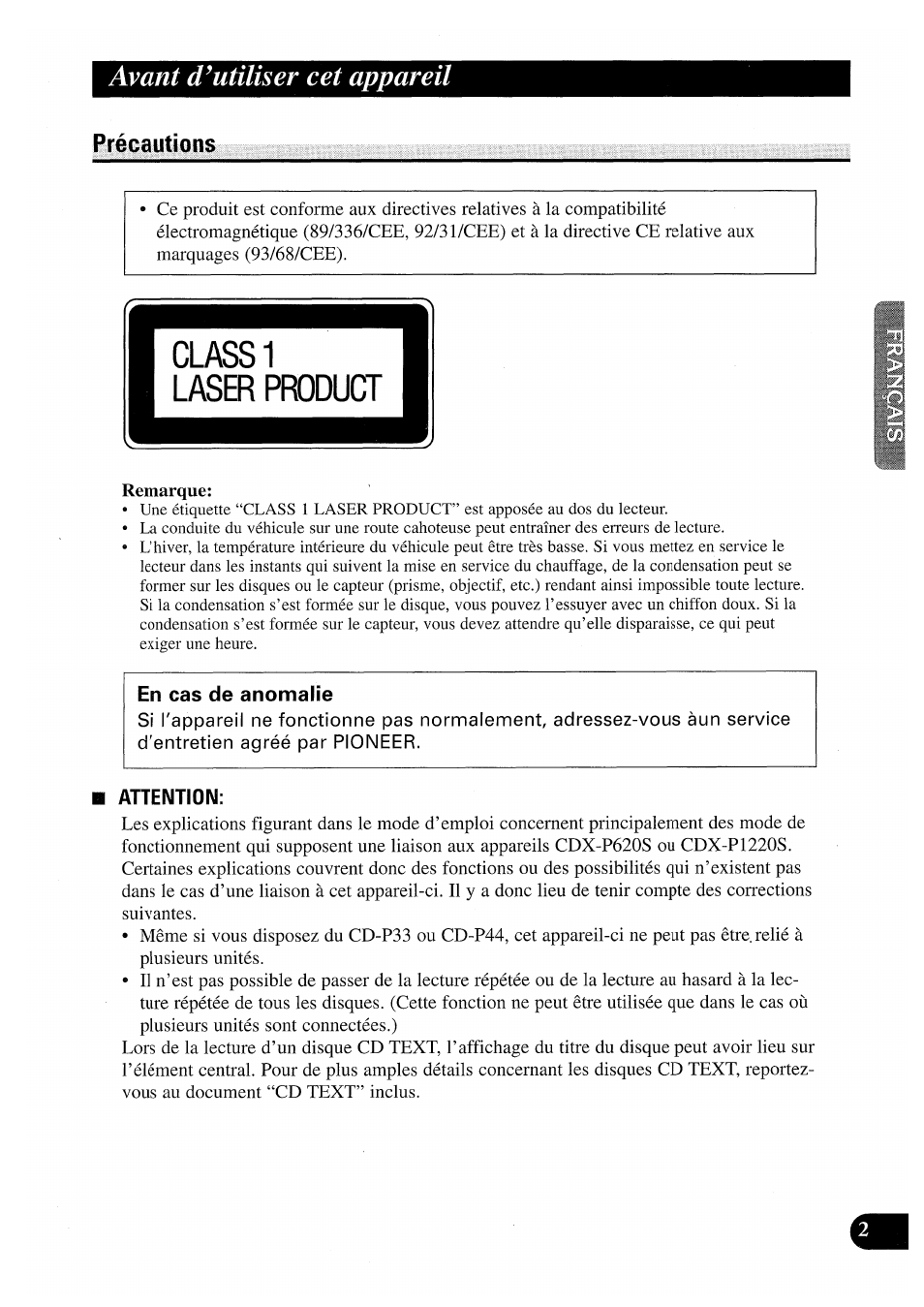 Avant utiliser cet appareil, Précautions, En cas de anomalie | Attention, Avant d'utiliser cet appareil | Pioneer CDX-P2050VN User Manual | Page 27 / 100