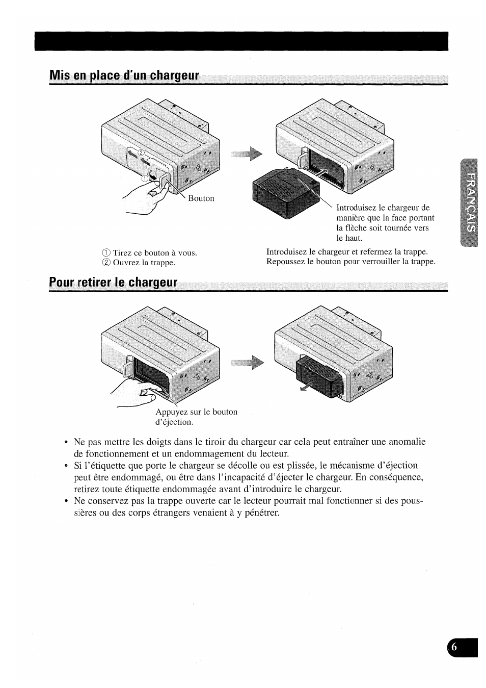 Mis en place d'un chargeur, Pour retirer le chargeur | Pioneer CDX-P2050VN User Manual | Page 31 / 100