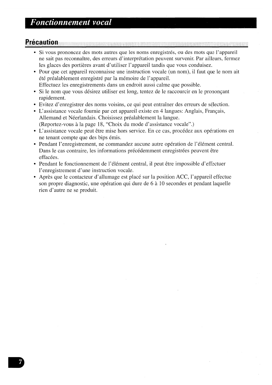 Précaution, Fonctionnement vocal | Pioneer CDX-P2050VN User Manual | Page 32 / 100