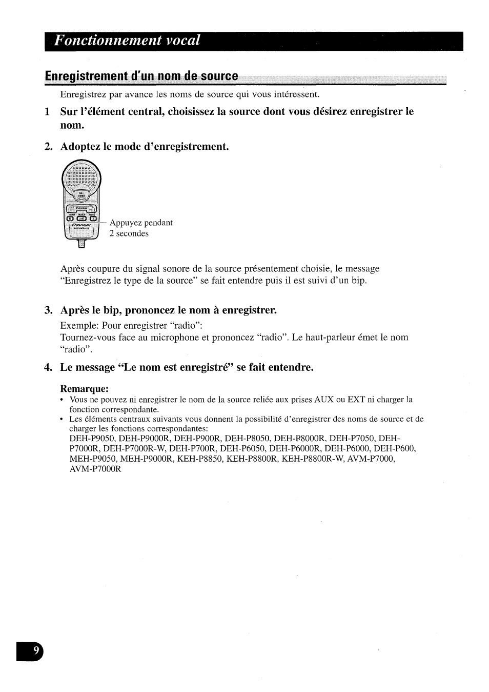 Enregistrement d'un nom de source, Adoptez le mode d’enregistrement, Après le bip, prononcez le nom à enregistrer | Enregistrement d’un nom de source, Fonctionnement vocal | Pioneer CDX-P2050VN User Manual | Page 34 / 100