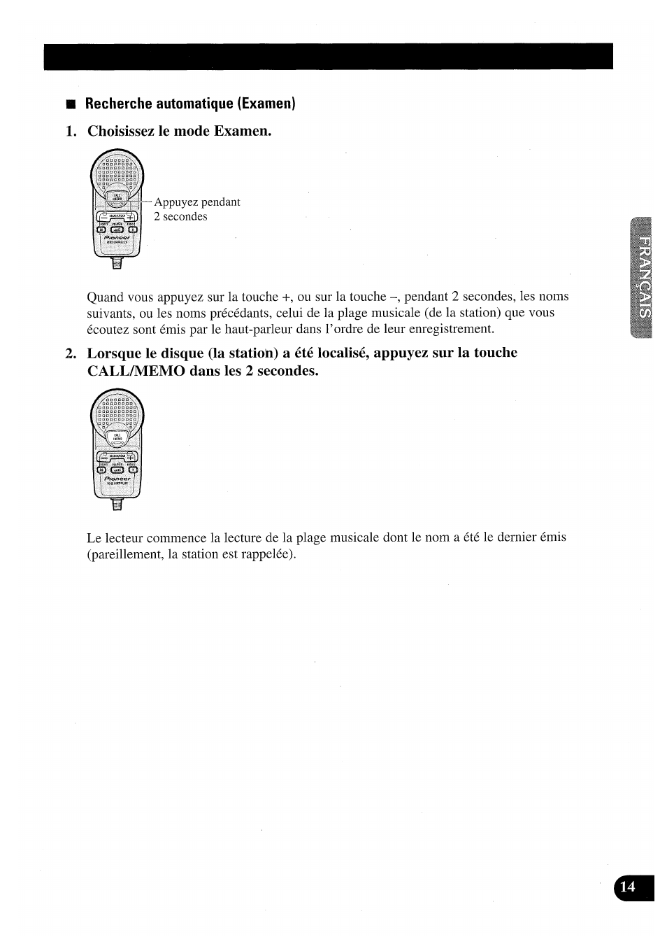 Recherche automatique (examen), Choisissez le mode examen | Pioneer CDX-P2050VN User Manual | Page 39 / 100