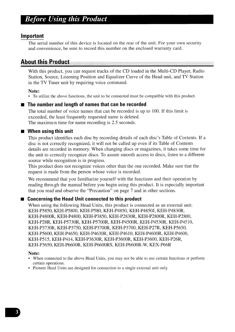 About this product, When using this unit, Concerning the head unit connected to this product | Before using this product | Pioneer CDX-P2050VN User Manual | Page 4 / 100