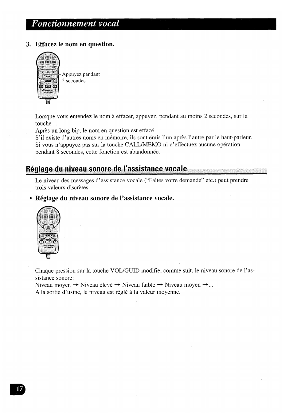 Effacez le nom en question, Réglage du niveau sonore de l'assistance vocale, Réglage du niveau sonore de l’assistance vocale | Fonctionnement vocal | Pioneer CDX-P2050VN User Manual | Page 42 / 100