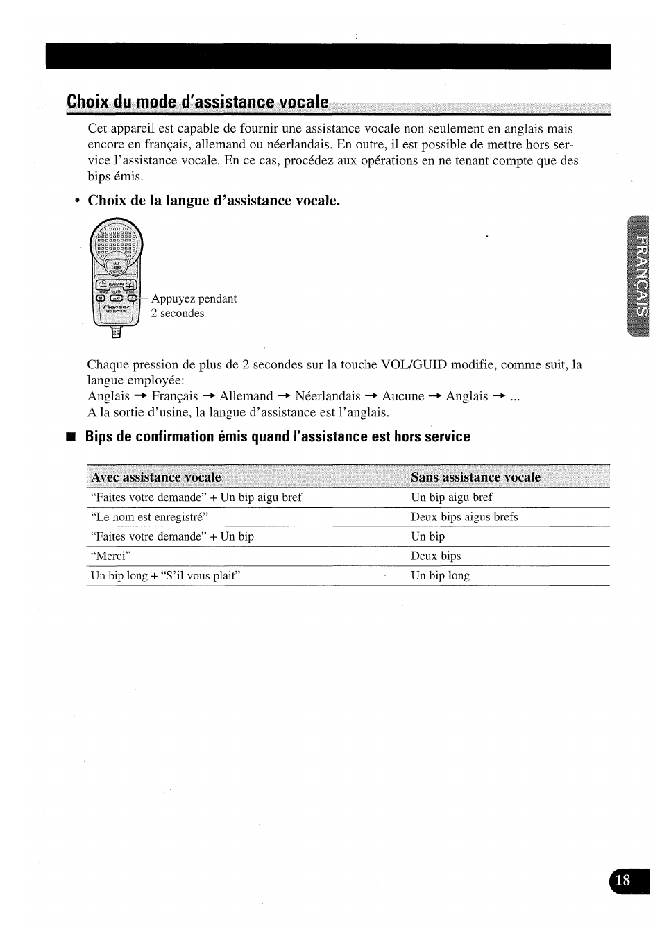 Choix du mode d'assistance vocale, Choix de la langue d’assistance vocale, Choix du mode d’assistance vocale | Pioneer CDX-P2050VN User Manual | Page 43 / 100