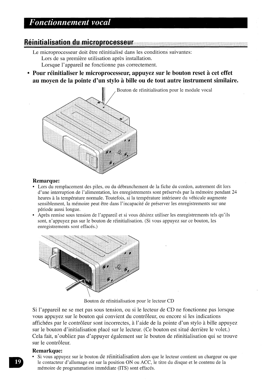 Réinitialisation du microprocesseur, Fonctionnement vocal | Pioneer CDX-P2050VN User Manual | Page 44 / 100