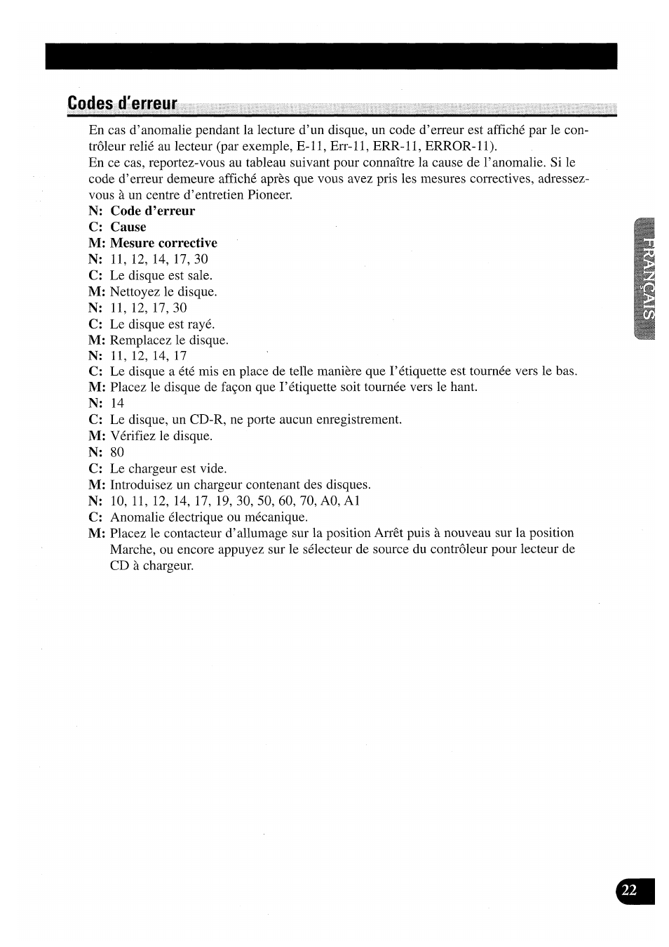 Codes d'erreur, Codes d’erreur | Pioneer CDX-P2050VN User Manual | Page 47 / 100