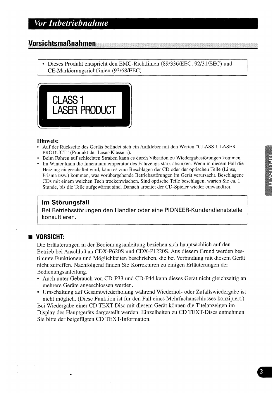 Vor inbetriebnahme, Vorsichtsmaßnahmen, Im störungsfall | Vorsicht | Pioneer CDX-P2050VN User Manual | Page 51 / 100