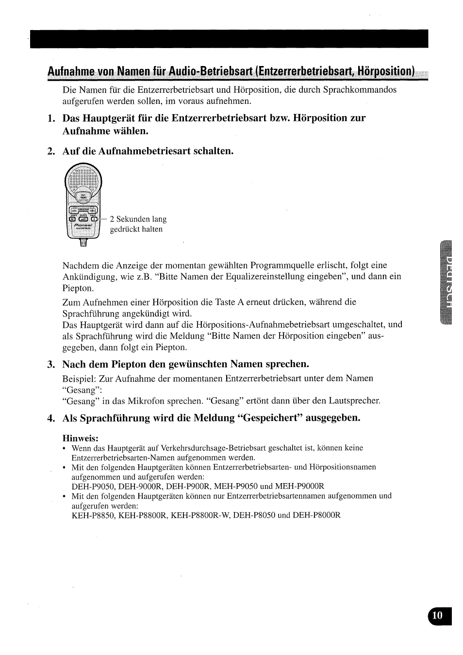 Auf die aufnahmebetriesart schalten, Nach dem piepton den gewünschten namen sprechen | Pioneer CDX-P2050VN User Manual | Page 59 / 100