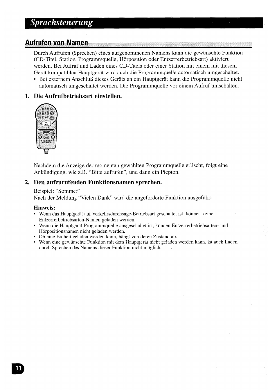 Aufrufen von namen, Die aufrufbetriebsart einstellen, Den aufzurufenden funktionsnamen sprechen | Sprachstenerung | Pioneer CDX-P2050VN User Manual | Page 60 / 100