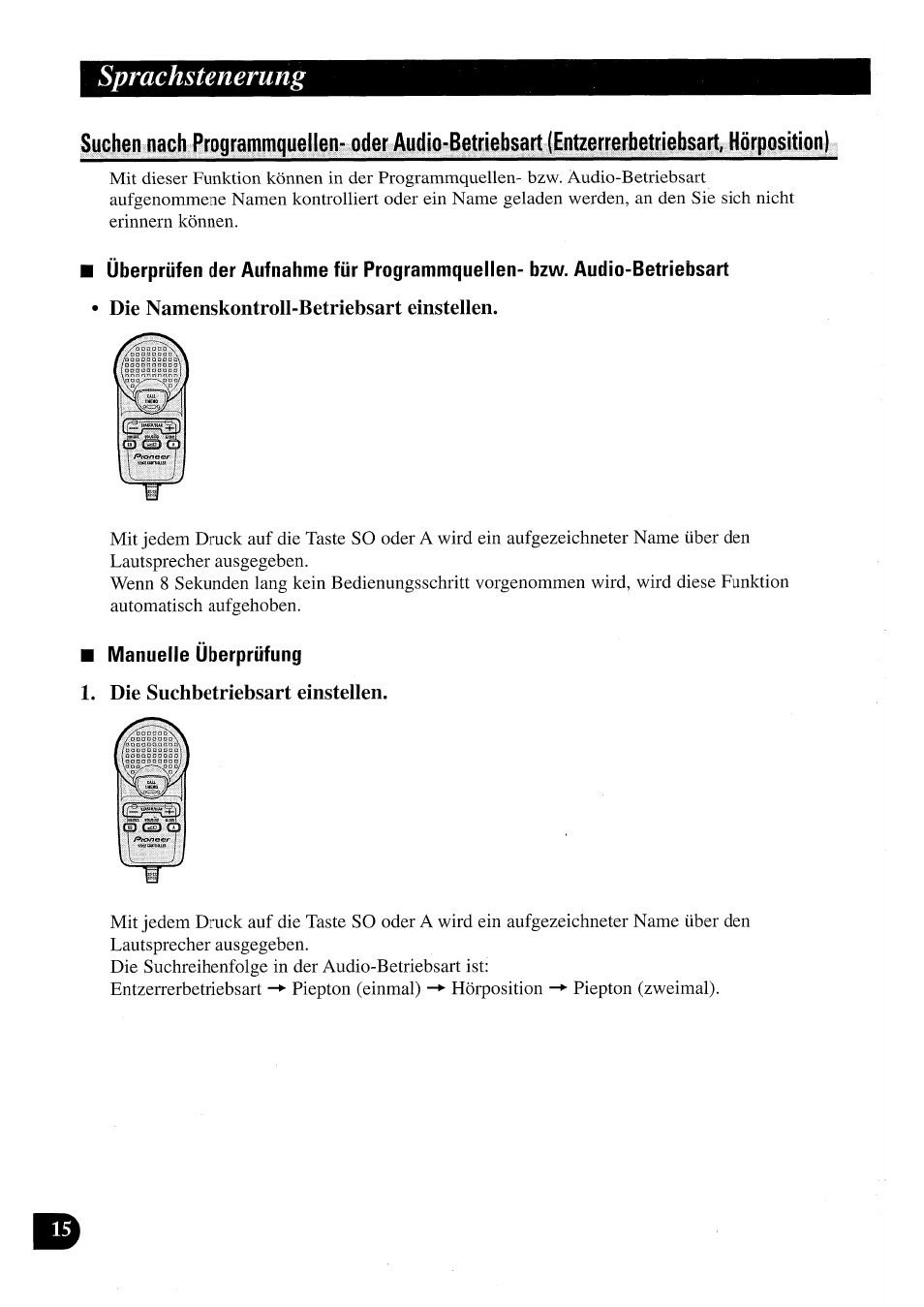 Die namenskontroll-betriebsart einstellen, Manuelle überprüfung, Die suchbetriebsart einstellen | Sprachstenerung | Pioneer CDX-P2050VN User Manual | Page 64 / 100