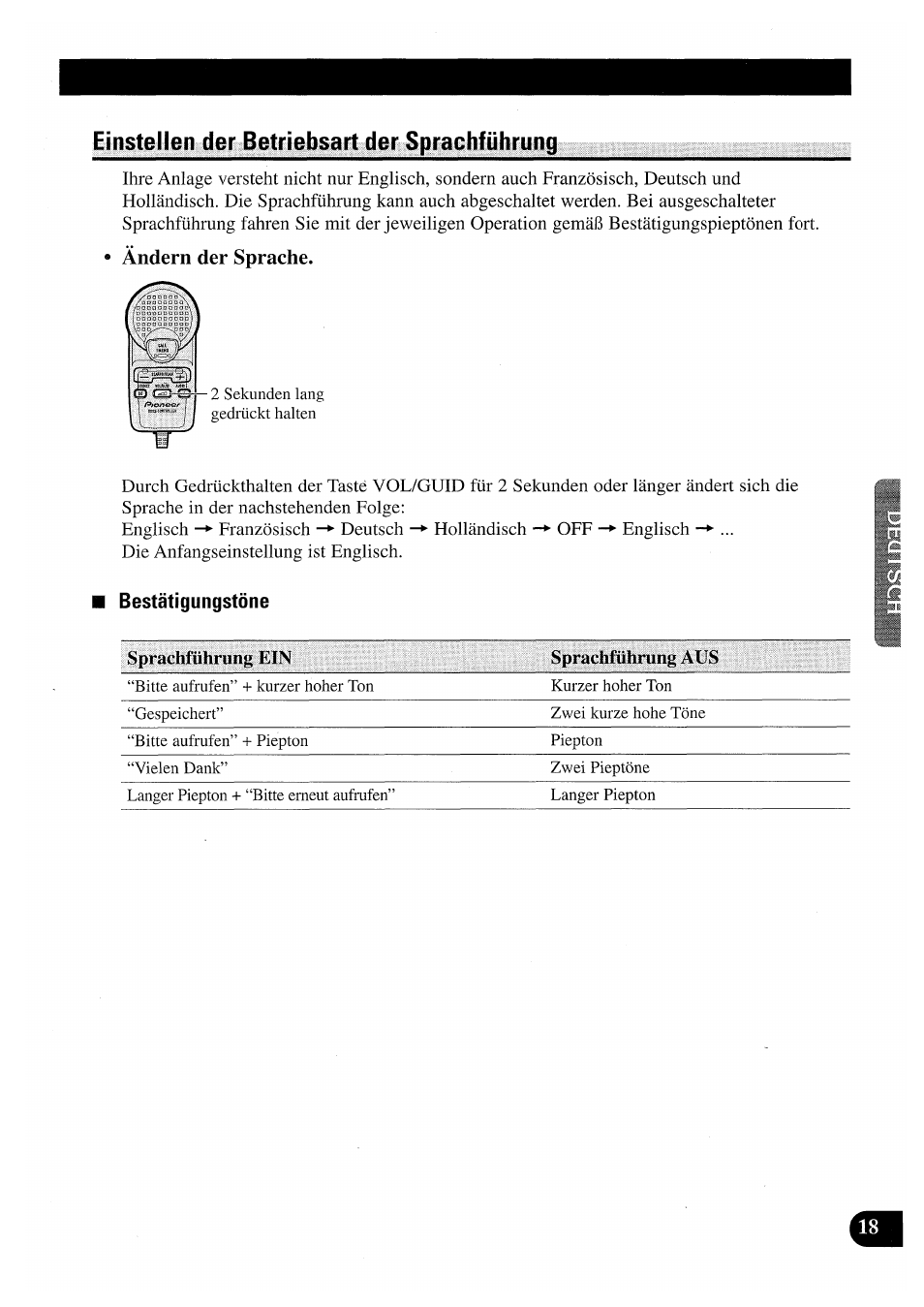 Ändern der sprache, Bestätigungstöne | Pioneer CDX-P2050VN User Manual | Page 67 / 100