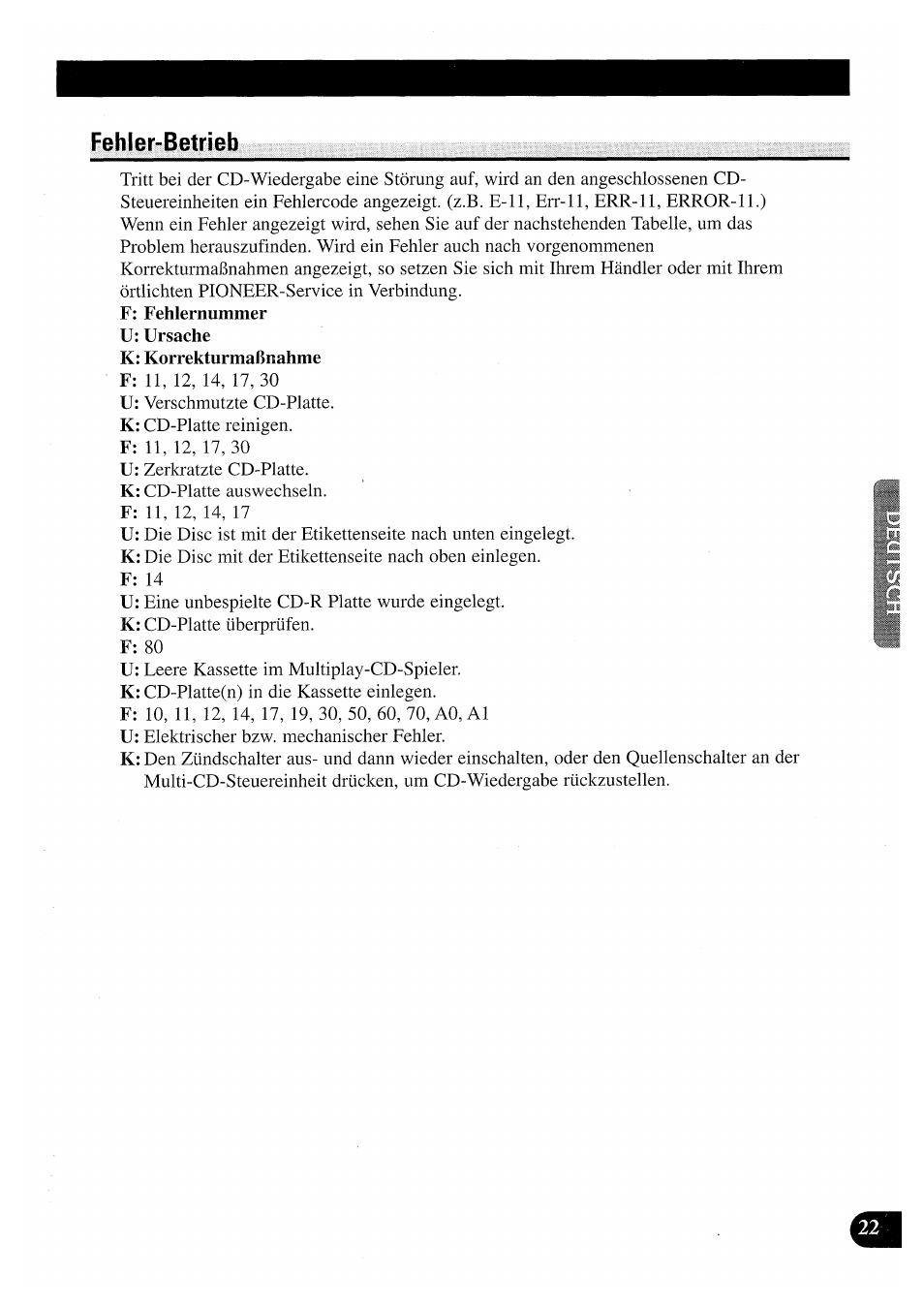 Fehler-betrieb | Pioneer CDX-P2050VN User Manual | Page 71 / 100
