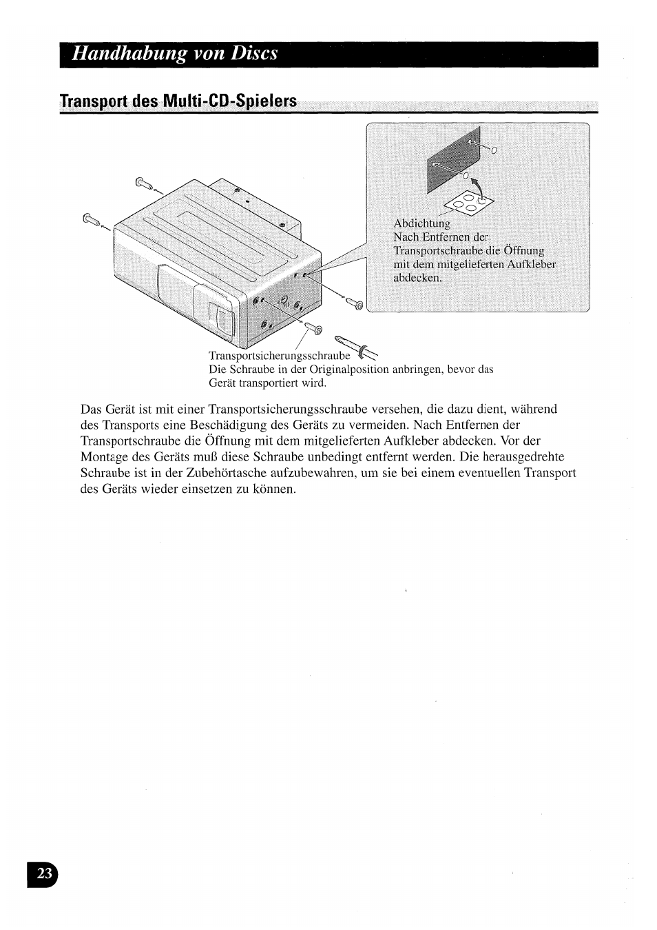 Transport des multi-cd-spielers, Handhabung von discs | Pioneer CDX-P2050VN User Manual | Page 72 / 100