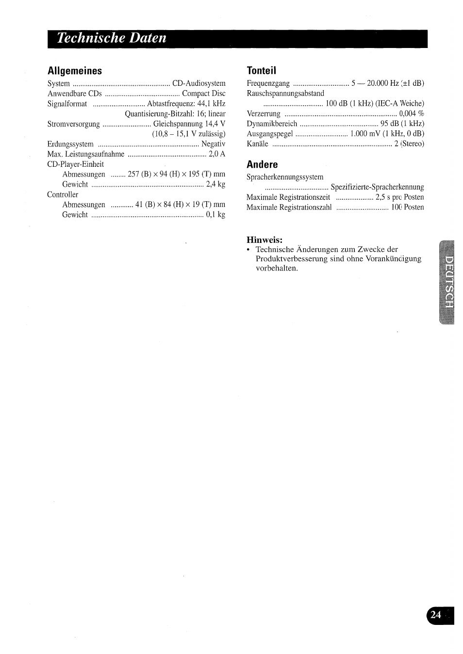 Technische daten, Allgemeines, Tonteil | Andere | Pioneer CDX-P2050VN User Manual | Page 73 / 100