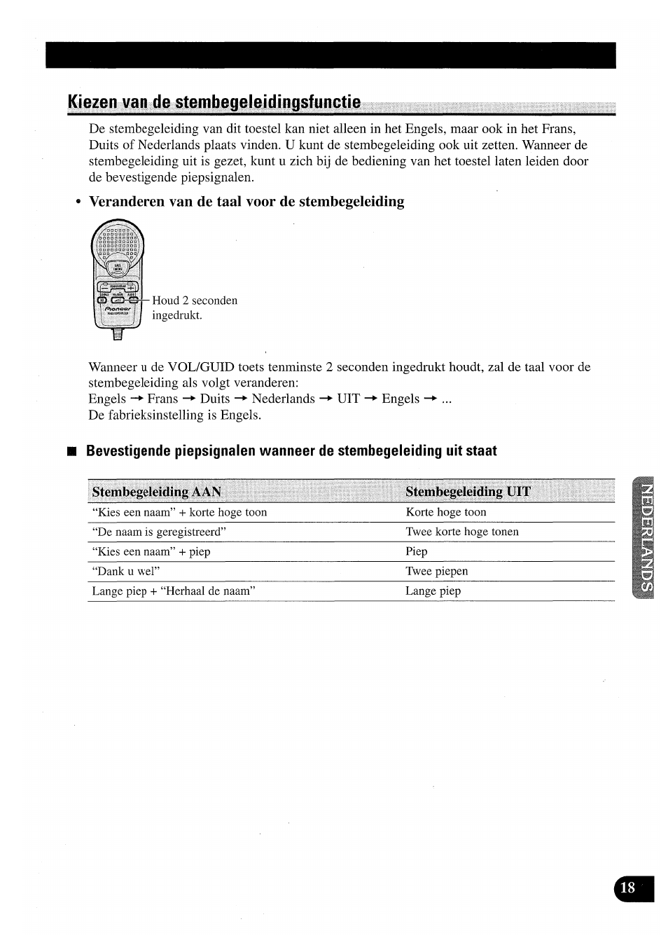 Kiezen van de stembegeleidingsfunctie, Veränderen van de taal voor de stembegeleiding | Pioneer CDX-P2050VN User Manual | Page 91 / 100