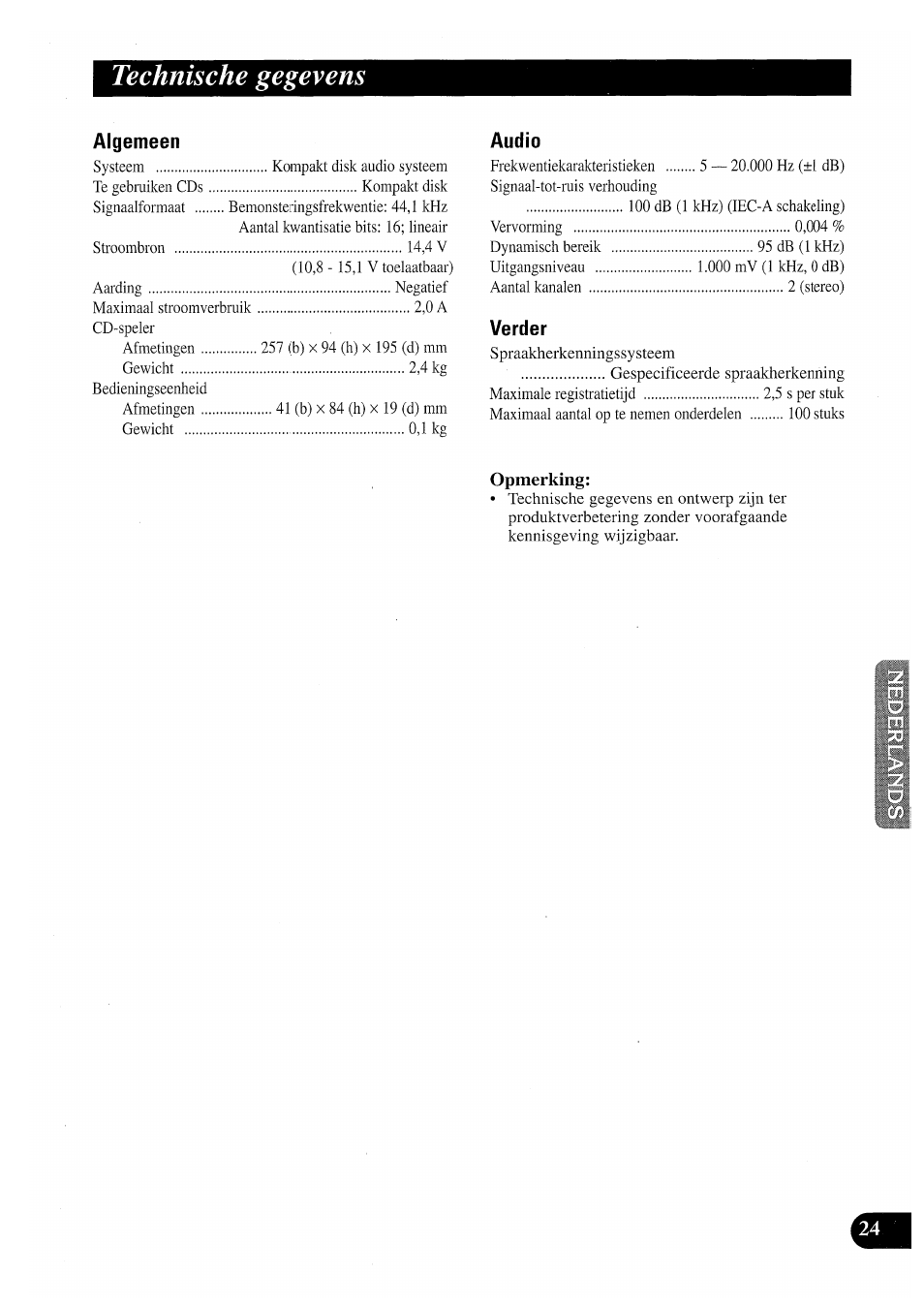 Technische gegevens, Algemeen, Audio | Vorder | Pioneer CDX-P2050VN User Manual | Page 97 / 100