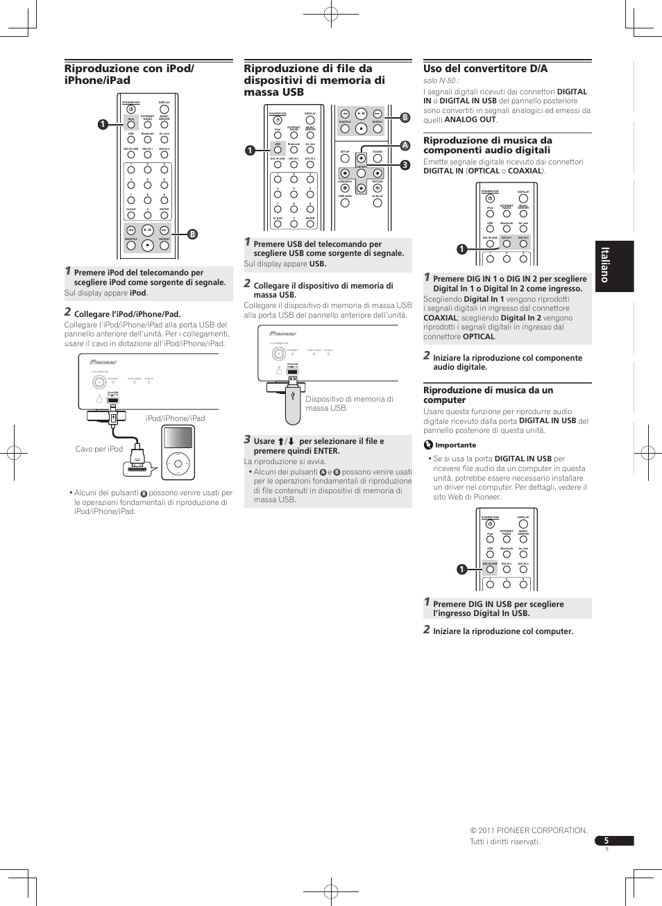 Riproduzione con ipod/ iphone/ipad, Uso del convertitore d/a, Menu | Riproduzione di musica da un computer, Collegare l’ipod/iphone/pad, B3 a, Iniziare la riproduzione col computer, Sul display appare ipod, Sul display appare usb | Pioneer N-30-K User Manual | Page 19 / 32