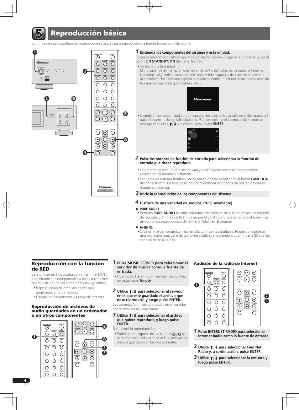 Reproducción básica, Reproducción con la función de red, Audición de la radio de internet | Encienda los componentes del sistema y esta unidad, 24 a b | Pioneer N-30-K User Manual | Page 26 / 32