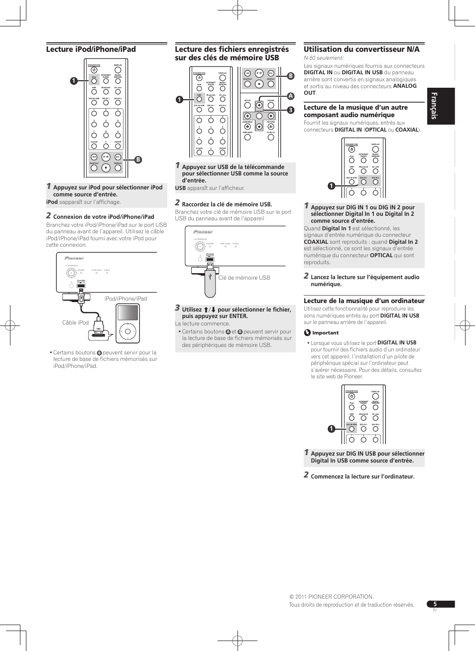 Lecture ipod/iphone/ipad, Utilisation du convertisseur n/a, Menu | Lecture de la musique d’un ordinateur, Connexion de votre ipod/iphone/ipad, B3 a, Raccordez la clé de mémoire usb, Lancez la lecture sur l’équipement audio numérique, Commencez la lecture sur l’ordinateur, Ipod sapparaît sur l’affi chage | Pioneer N-30-K User Manual | Page 9 / 32