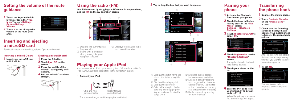 Pairing your phone, Transferring the phone book, Setting the volume of the route guidance | Using the radio (fm) playing your apple ipod, Inserting and ejecting a microsd card | Pioneer AVIC-F920BT User Manual | Page 2 / 2