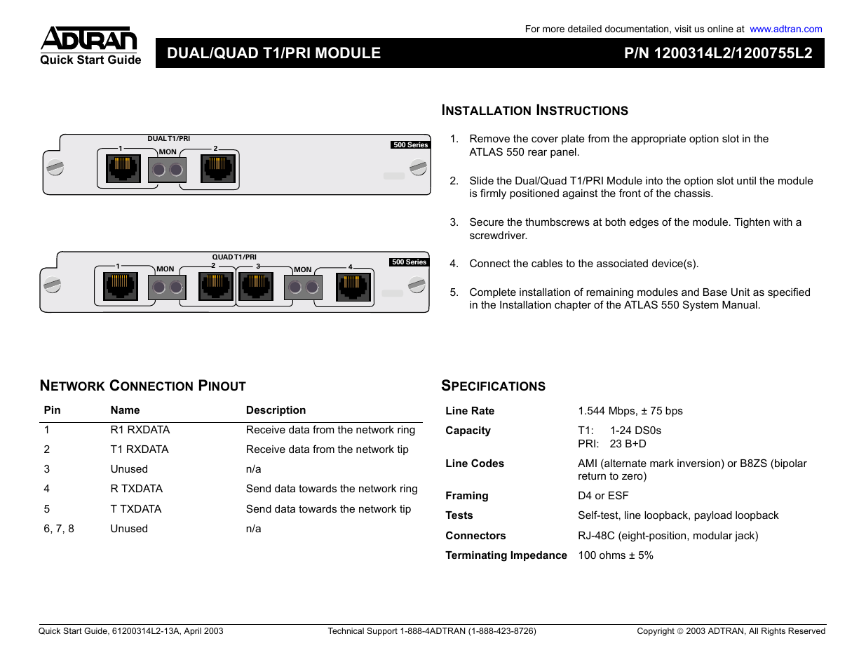 ADTRAN Dual T1/PRI User Manual | 2 pages