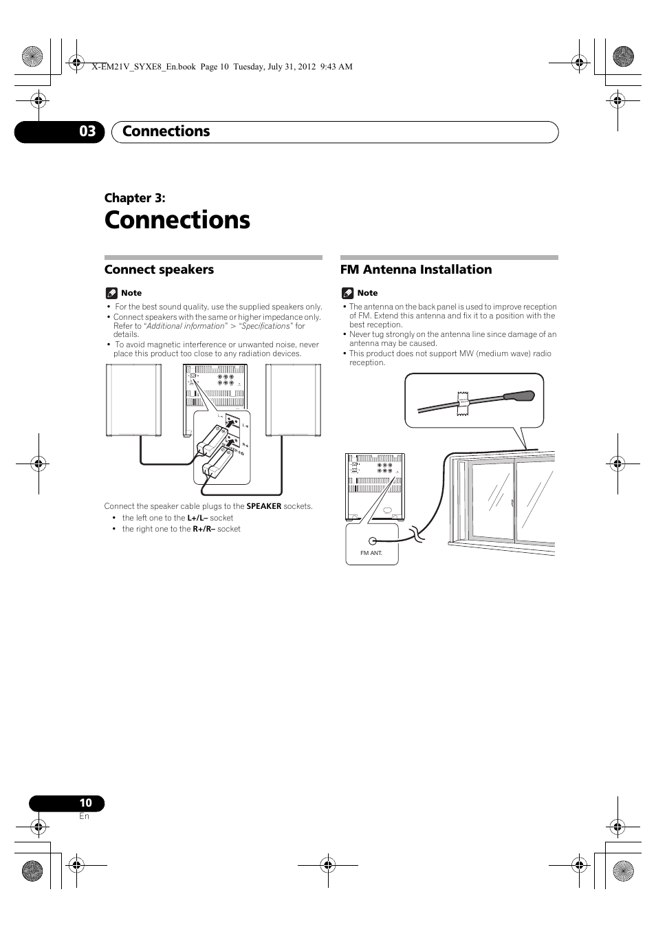 03 connections, Connect speakers, Fm antenna installation | Connections, Connections 03, Chapter 3 | Pioneer X-EM21V User Manual | Page 10 / 172