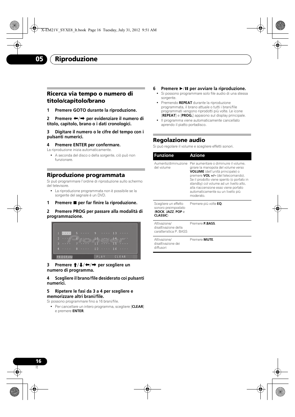 Ricerca via tempo o numero di titolo/capitolo, Brano, Riproduzione programmata | Regolazione audio, Riproduzione 05 | Pioneer X-EM21V User Manual | Page 100 / 172