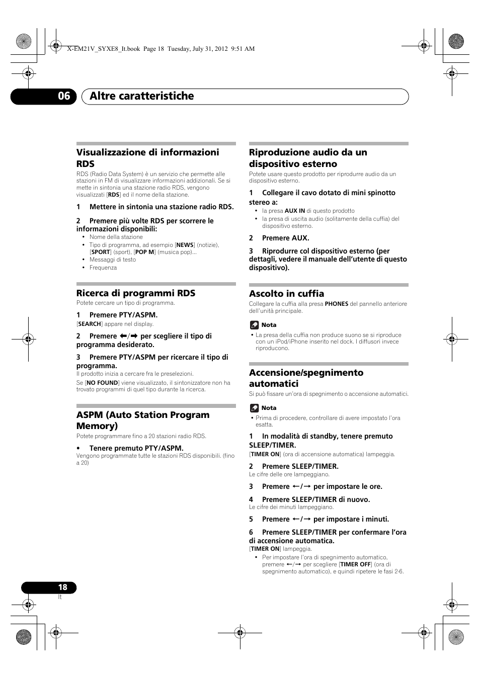 Visualizzazione di informazioni rds, Ricerca di programmi rds, Aspm (auto station program memory) | Riproduzione audio da un dispositivo esterno, Ascolto in cuffia, Accensione/spegnimento automatici, Altre caratteristiche 06 | Pioneer X-EM21V User Manual | Page 102 / 172