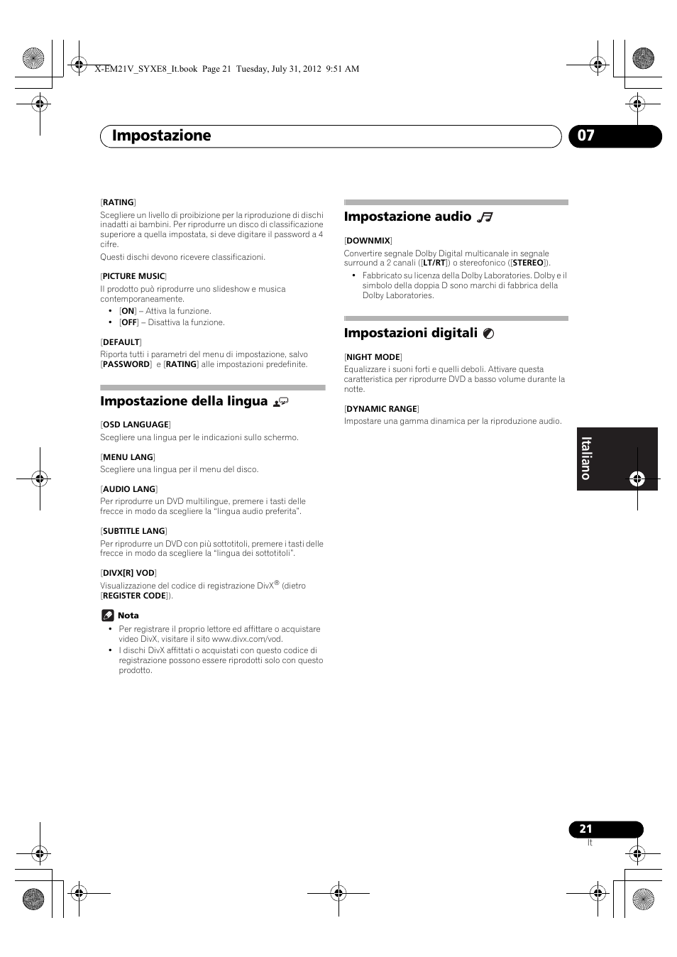 Impostazione della lingua, Impostazione audio, Impostazioni digitali | Impostazione 07 | Pioneer X-EM21V User Manual | Page 105 / 172