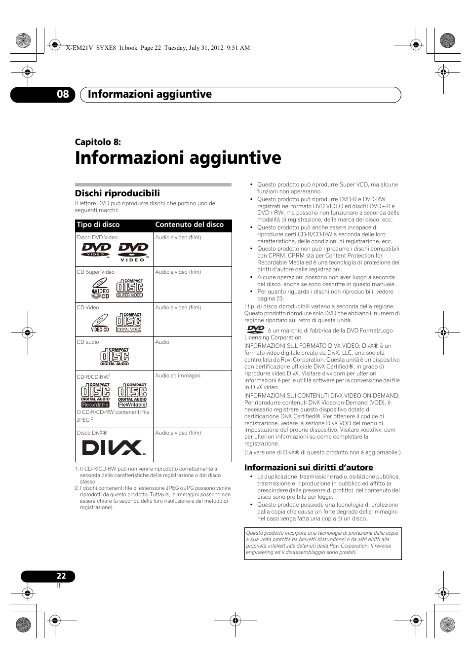 08 informazioni aggiuntive, Dischi riproducibili, Informazioni sui diritti d’autore | Informazioni aggiuntive, Informazioni aggiuntive 08, Capitolo 8 | Pioneer X-EM21V User Manual | Page 106 / 172