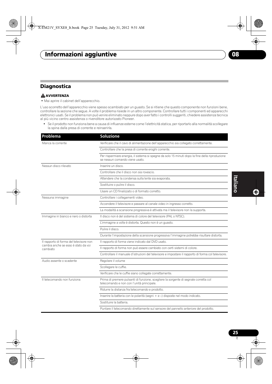 Diagnostica, Informazioni aggiuntive 08 | Pioneer X-EM21V User Manual | Page 109 / 172