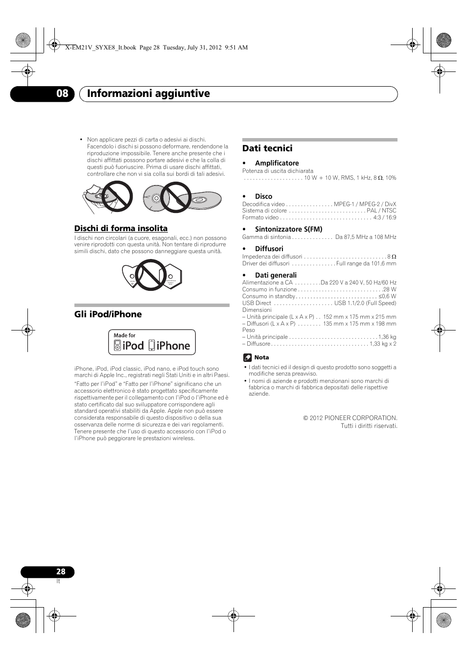 Dischi di forma insolita, Gli ipod/iphone, Dati tecnici | Informazioni aggiuntive 08 | Pioneer X-EM21V User Manual | Page 112 / 172