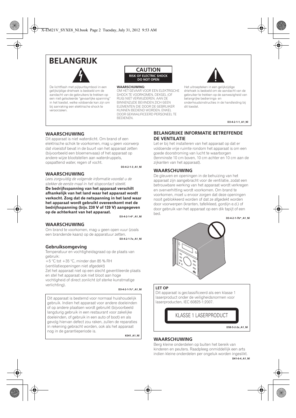 Belangrijk, Caution, Klasse 1 laserproduct | Pioneer X-EM21V User Manual | Page 114 / 172